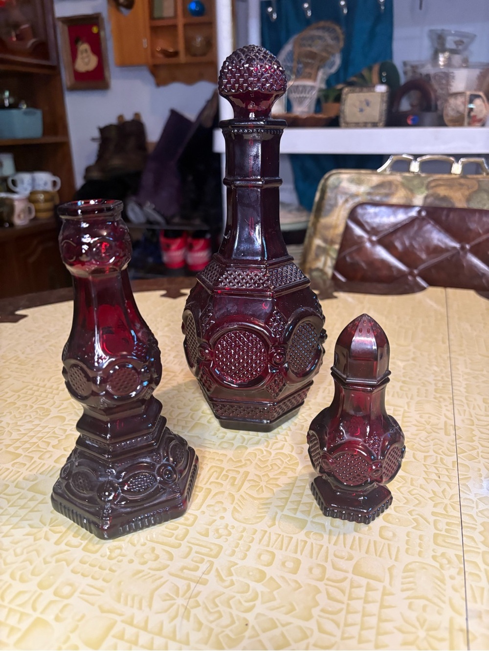Vintage Avon Deep Ruby Red Pressed Glass Decanter and Accessories